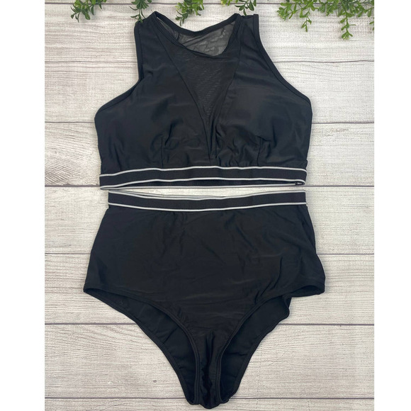 NEW Ladies Contrast Black and White Mesh Accent Tankini Large - Picture 2 of 11